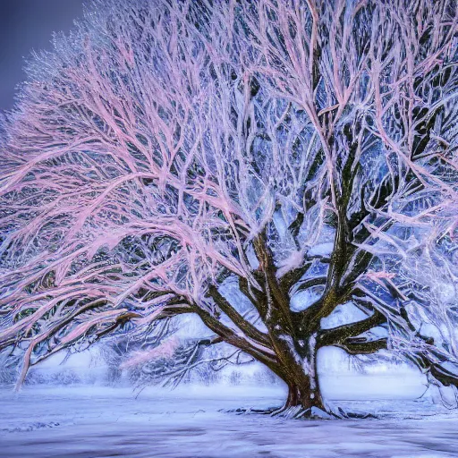 Prompt: a huge standalone tree, seen from the distance in a snowy landscape, near a frozen river made of crystals. art nouveau rococo in the style of caravaggio. hd 8 x matte background in vibrant vivid pastel textures