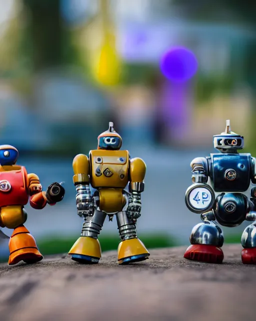 Image similar to high quality presentation photo of a a detailed miniature diorama of retro toy robots invading a detailed model of a 1950s town, photography 4k, f1.8 anamorphic, bokeh, 4k, Canon, Nikon