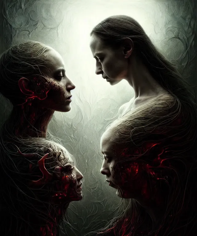 Image similar to epic professional digital art of the endless struggle between good and evil, horrific yet beautiful vibe, evocative, atmospheric lighting, painted, intricate, highly detailed, by leesha hannigan, wayne haag, reyna rochin, ignacio fernandez rios, mark ryden, iris van herpen, artstation, cgsociety, stunning, gorgeous, sharp focus, cinematic, masterpiece