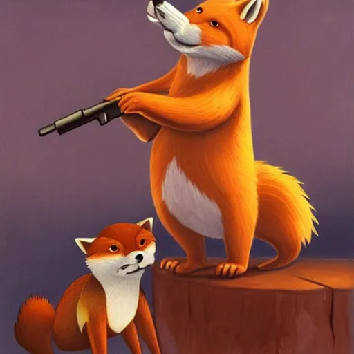 Image similar to beaver and fox with gun at party