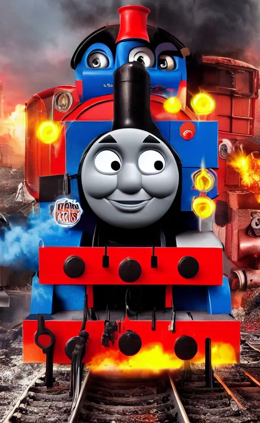 Prompt: thomas the tank engine vs. optimus prime : big revenge : coming soon to theaters, epic cinematic poster, post - apocalypse, demolition, realistic, photo, photorealistic, detailed, high quality, high resolution, 8 k, hdr, 4 k