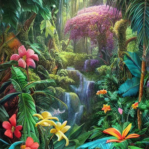 Prompt: an enchanted forest full of tropical flowers, by alex horley