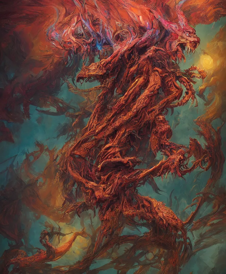 Image similar to giant colorful hyperbeast, complex and intricate, lot of head, eyes, wings, horror, details, artstation, concept art, smooth, sharp focus, illustration, art by greg rutkowski and Zdzislaw Beksinski, good clear quality, lighting, biology, hyper realism, hyper colors