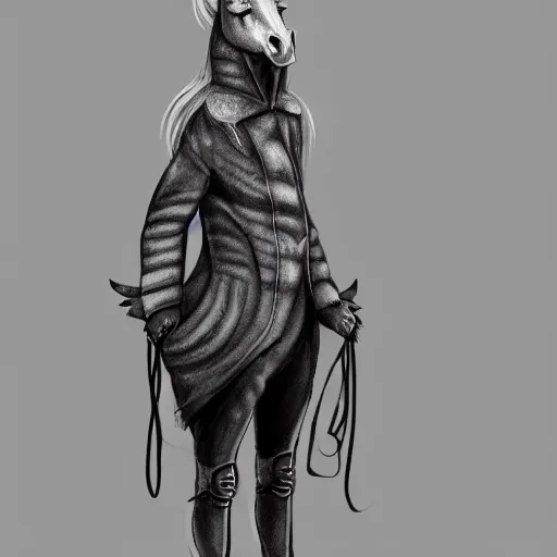 Image similar to concept art of hybrid human and horse wearing coat, anthropomorphic horse wearing a coat and standing on two legs like human, digital art, photo realistic, highly detailed