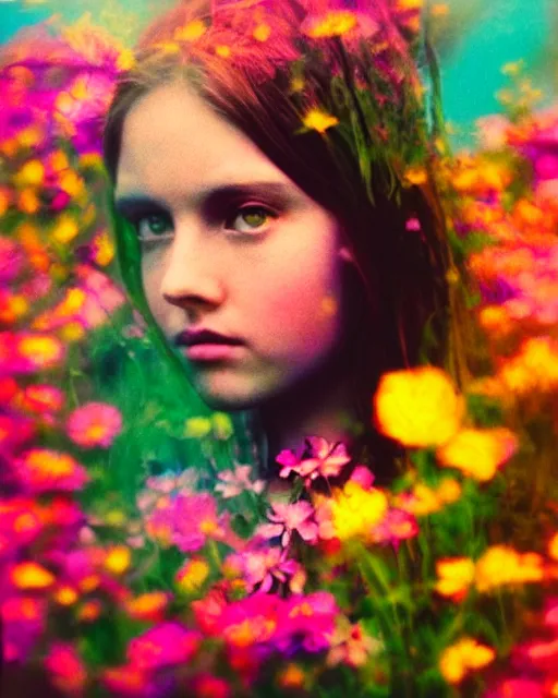 Prompt: oversaturated, burned, light leak, expired film, photo of a girl's serene face surrounded by multicolored flowers