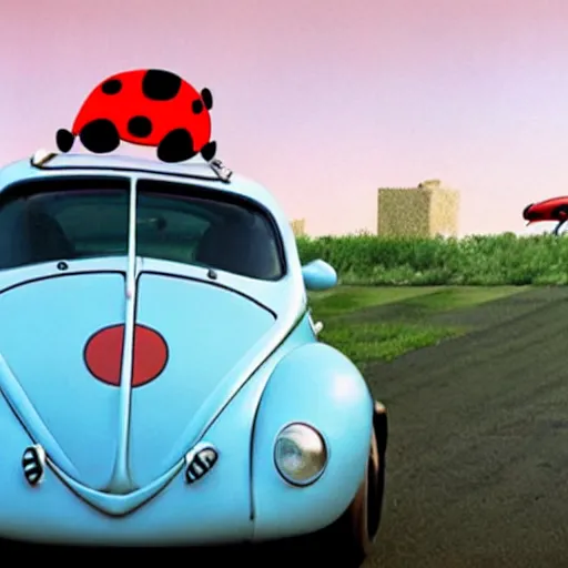 Prompt: a hybrid lady bug and'herbie the love bug'car, imax, 7 0 mm, movie still