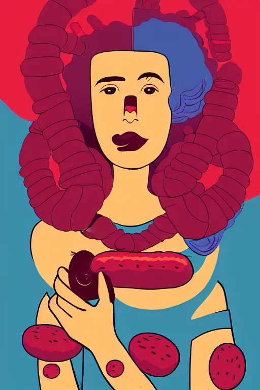 Image similar to abstract portrait of female superhero with sausage!!!! fingers miyazaki, colorful palette illustration, kenneth blom, mental alchemy, james jean, pablo amaringo, naudline pierre, contemporary art, hyper detailed