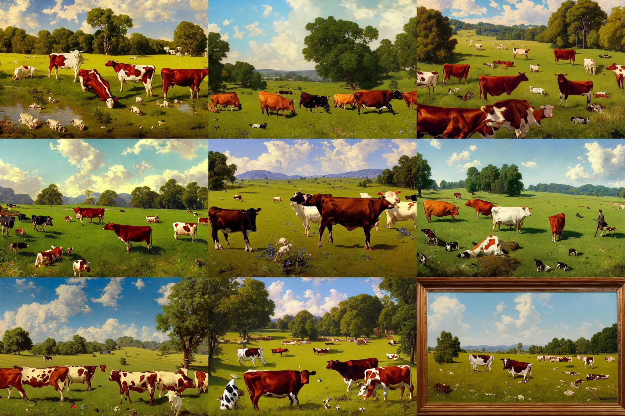 Prompt: highly detailed photo of multiple cows floating above a beautiful meadow, scenic colorful environment, hyperrealistic illustration by william didier - pouget and norman rockwell