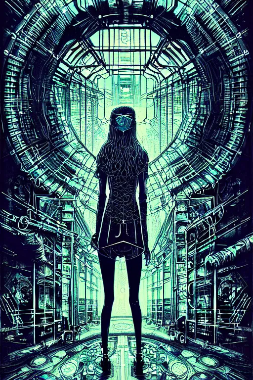 Prompt: dreamy cyberpunk girl, quantum computers, beautiful woman, detailed acrylic, grunge, intricate complexity, by dan mumford and by alberto giacometti, arthur rackham