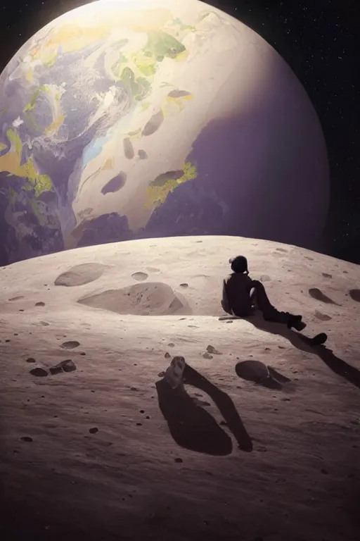 Image similar to Man sitting on the moon with a view of the earth in the background, elegant, digital painting, highly detailed, artstation, concept art, smooth, sharp focus, illustration, art by artgerm and greg rutkowski.