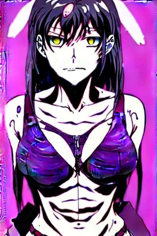 Prompt: style of madhouse studio anime, black lagoon manga, loish, artgerm, rafael albuquerque comic art, portrait of revy from black lagoon, symmetrical eyes and symmetrical face, jean shorts, white tank top, sarcastic evil smirk on face, purple hair