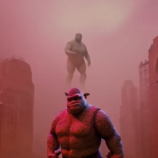 Image similar to a colossal statue of shrek, intricate artwork by beeple, third person, beautiful, full view, cinematic lighting, heavy mist, octane render, trending on artstation, greg rutkowski very coherent artwork. cinematic, hyper realism, high detail, octane render, 8k