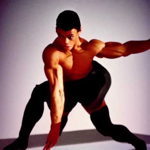 Prompt: photograph of young Jean Claude Vandamme doing the splits, dramatic lighting ,award winning,