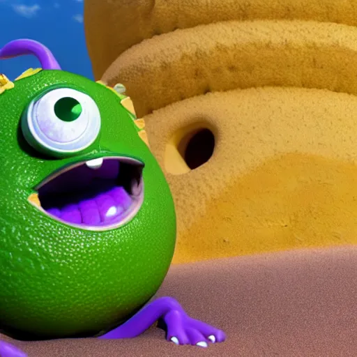 Image similar to 3 d render, of anthropomorphic lemon character that looks like a monster from the movie monsters inc, with lemon skin texture, he is wearing a hat, building a sandcastle on the beach at sunset, beach, huge waves, sun, clouds, long violet and green trees, rim light, cinematic photography, professional, sand, sandcastle, volumetric lightening