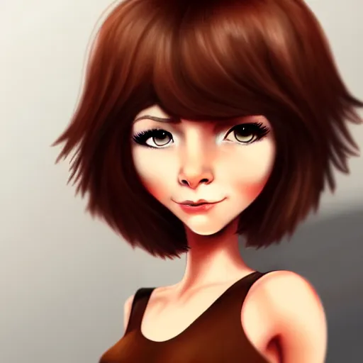 Prompt: animation character design girl, handrawn dynamic pose, french bob hair, short hair, brown eyes, realistic, 4 k!!!, art station