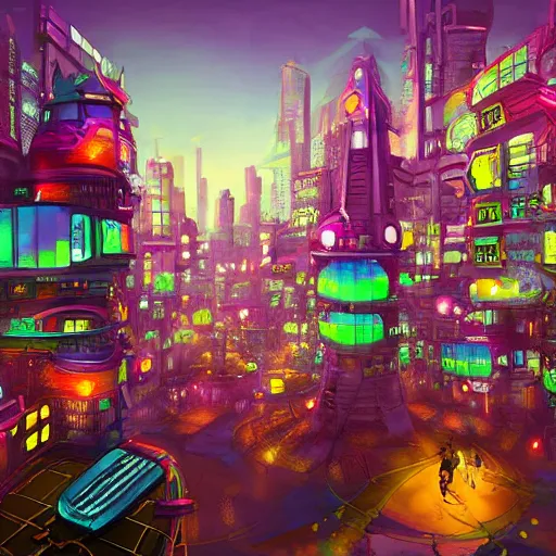 Prompt: Lively, colorful, solarpunk fantasy city. Trending on ArtStation