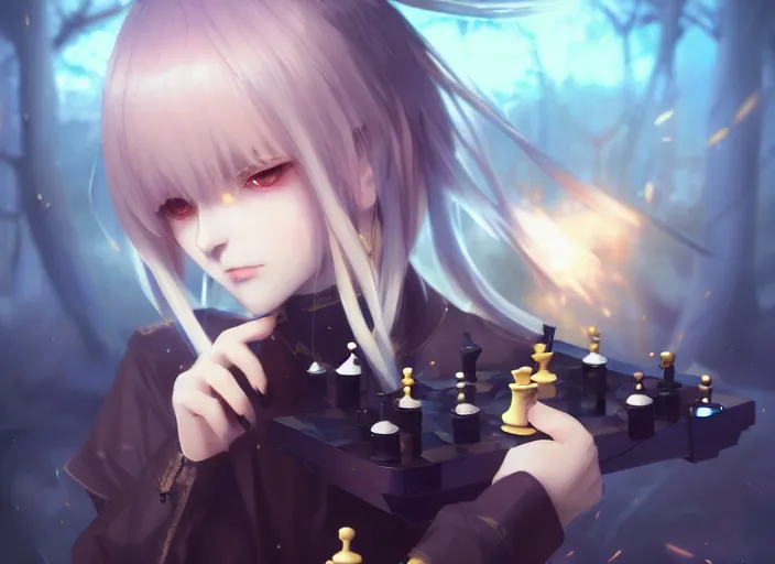 Image similar to a pale anime girl playing chess, league of legends, with golden eyes, straight sky blue hair, long bangs, black jacket, high collar, concept art, award winning photography, digital painting, cinematic, by wlop, anime key visual, wlop, 8 k, by ross tran, tom bagshaw, andy warhol