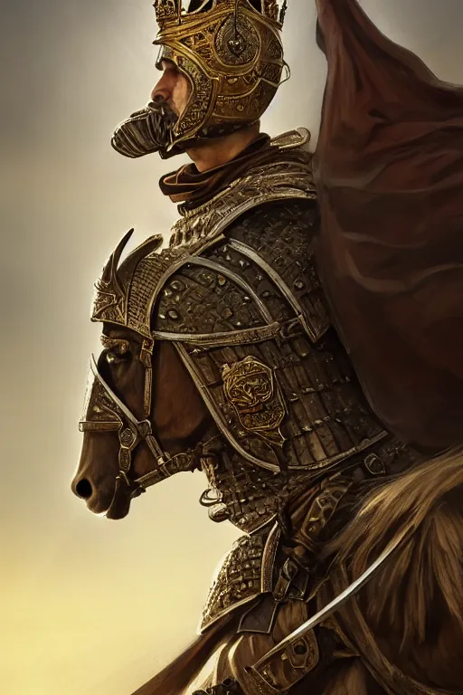 Image similar to Portrait of a handsome king in the desert, Medieval Warrior, detailed scene, Armour and Crown, Sword, photo realistic, highly detailed, dramatic lighting, trending on artstation, elegant, intricate, character design, motion and action and tragedy, fantasy, D&D, highly detailed, digital painting, concept art