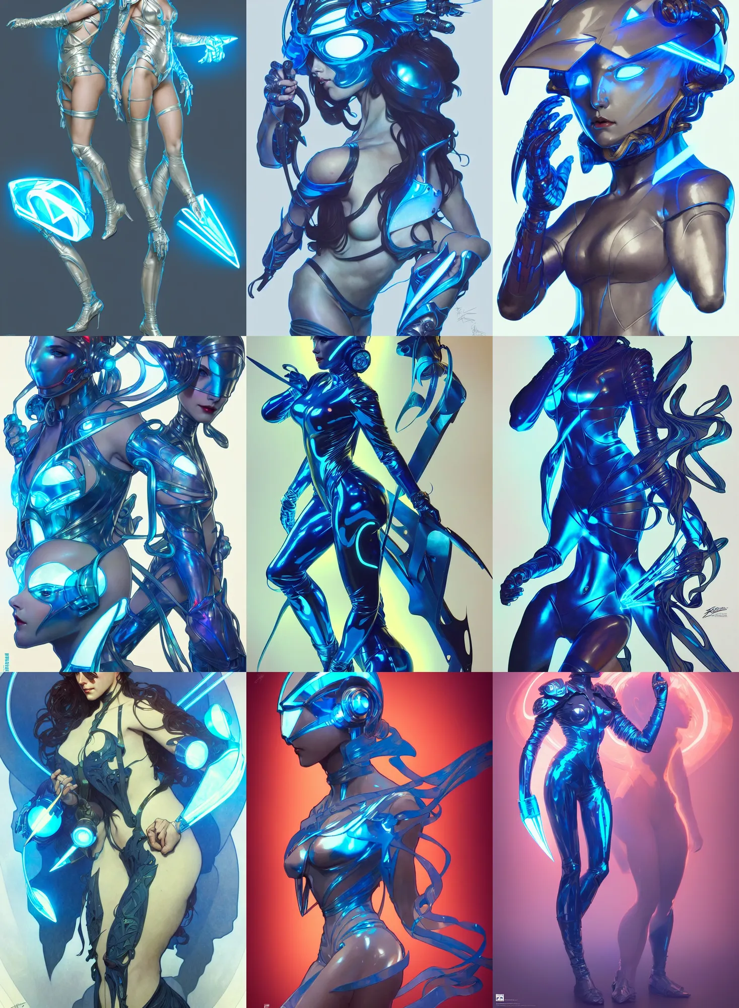 Prompt: a full body character design by artgerm, greg rutkowski and alphonse mucha. sci - fi dagger. laser and fluorescent blue translucent plastic tape project show attctive showgirl!! sci - fi helmet!! sharp edges. contour light effect!!. ultra detailed, elegant, intricate, octane render.