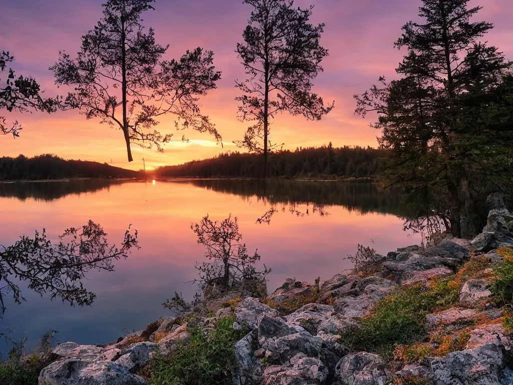 Prompt: a calm, soothing and cozy landscape, sunset, lake