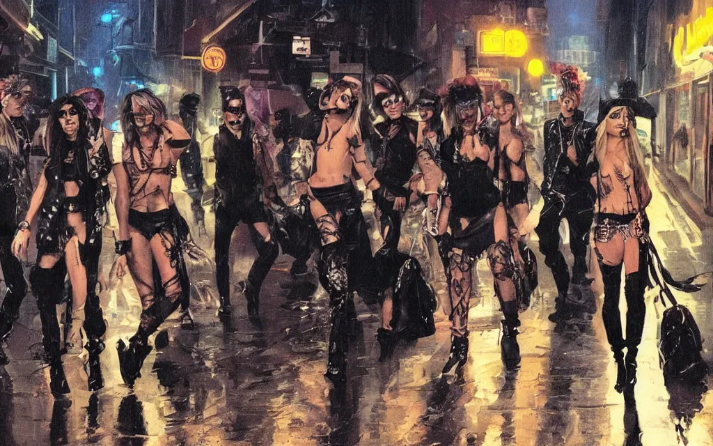 Image similar to concept art, glam rockers dressed as hooligans and whores, walking down a wet helsinki street at night by roger deakins, in the style of syd mead and liam wong