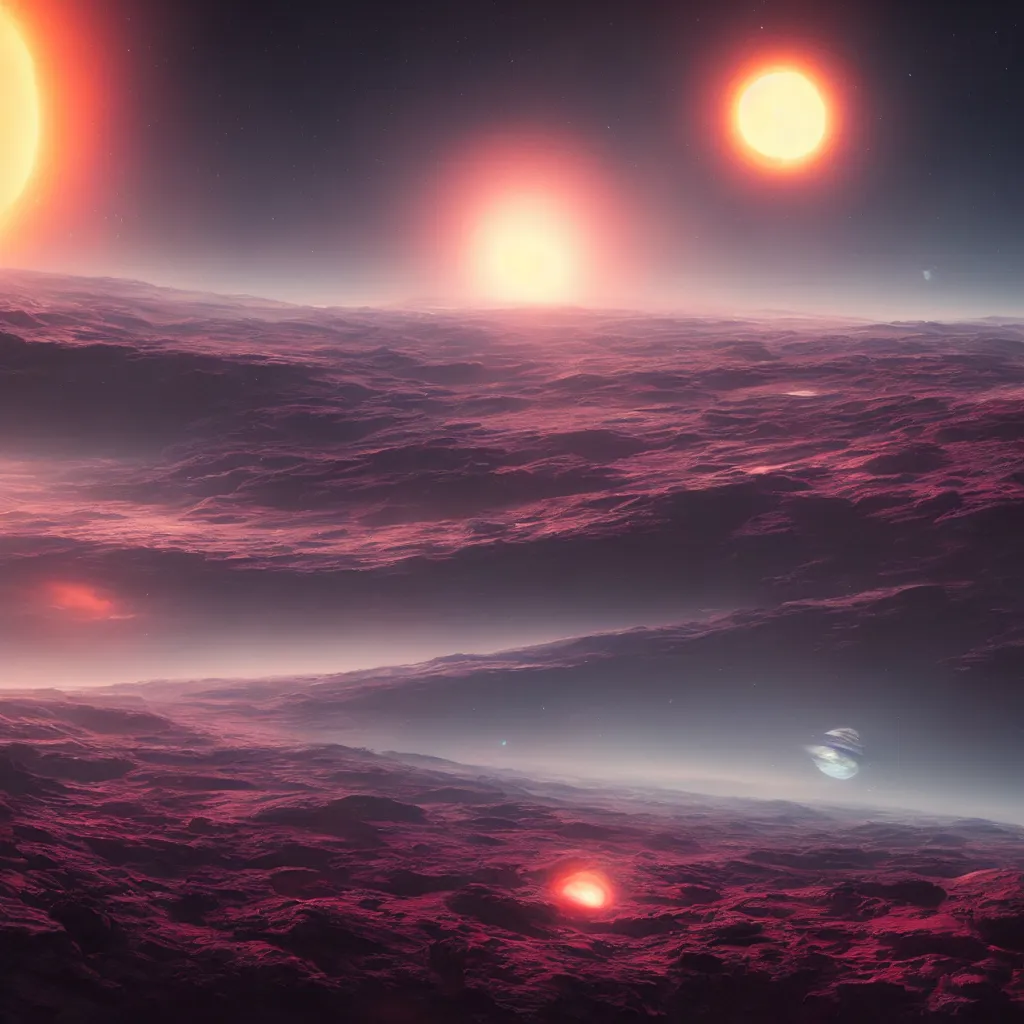 Prompt: horizon of a colorful exoplanet, view from space far away, artstation, cinematic, by greg rutkowski, scifi, digital art, digital painting, unreal engine, 8 k, volumetric lighting, contrast