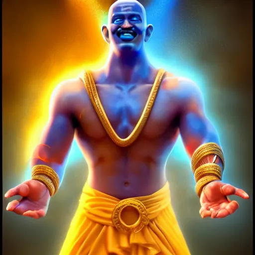 Image similar to all powerful genie, a god, god, ecstatic, infinite power, manic, perfect eyes, full body shot, magical being, magic, portrait, noble, transformation, vivid colors, elegant, concept art, sharp focus, digital art, Hyper-realistic, 4K, Unreal Engine, Highly Detailed, HD, Dramatic Lighting by Brom, trending on Artstation