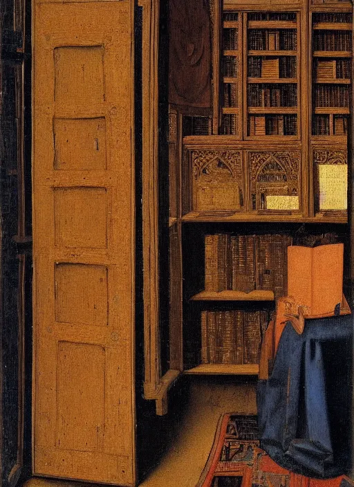 Prompt: bookshelf with books, medieval painting by jan van eyck, johannes vermeer, florence