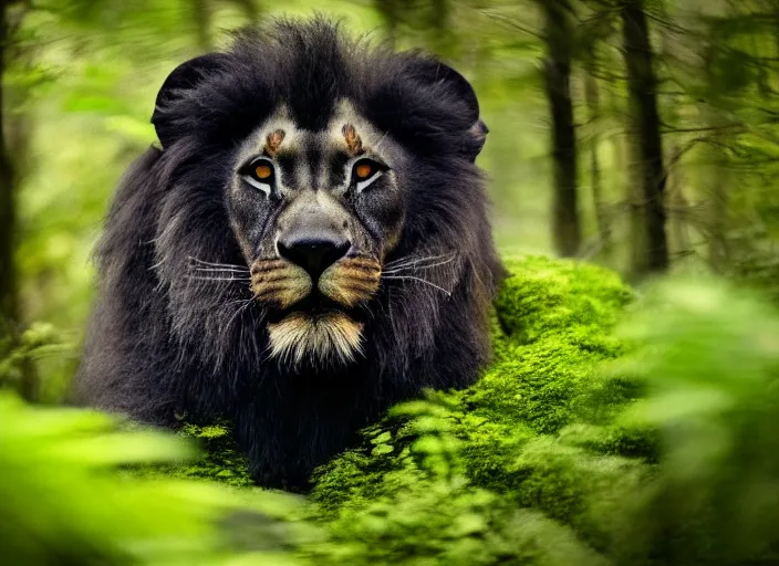 Image similar to professional wildlife photograph of a black lion standing in a dark jungle at night, surrounded by dense trees, moss, ferns, volumetric lighting, apex predator, natgeo