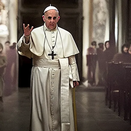 Image similar to movie still, movie frame, the pope as the main character in resident evil