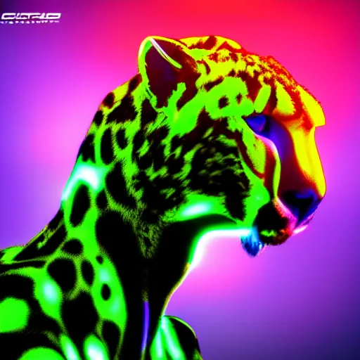 Prompt: profile shot of a neon cybernetic cheetah, city lights, strong bokeh, dramatic, cinematic, high contrast, artstation, octane render, 4k