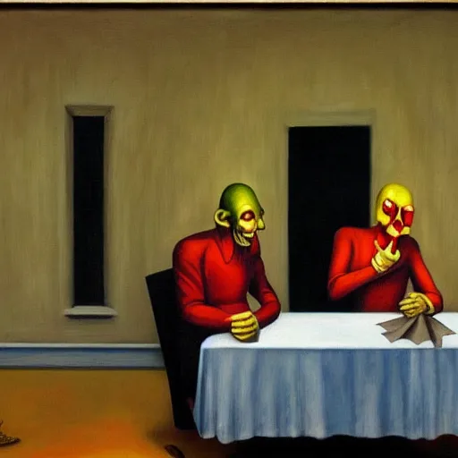 Prompt: laughing evil mastermind, human subjugation, mind control, dystopian, pj crook, edward hopper, oil on canvas