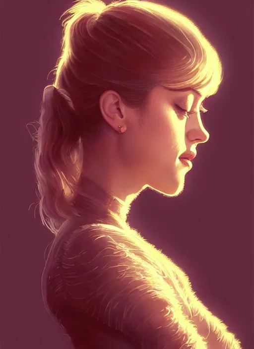 Image similar to portrait of lili reinhart with fluffy bangs, bangs, 1 9 6 0 s, ponytail, curly bangs and ponytail, rounder face, intricate, elegant, glowing lights, highly detailed, digital painting, artstation, concept art, smooth, sharp focus, illustration, art by wlop, mars ravelo and greg rutkowski