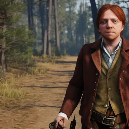 Prompt: Film still of Rupert Grint, from Red Dead Redemption 2 (2018 video game)