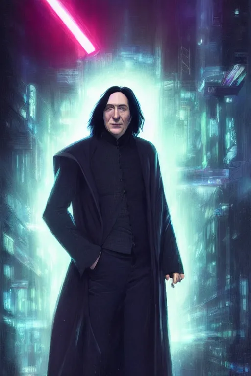 Image similar to portrait of severus snape with holograms in cyberpunk, neon lighting, night city, digital art from artstation by Ruan Jia and Mandy Jurgens and Artgerm and william-adolphe bouguereau and Greg Rutkowski