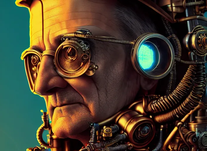 Prompt: an intricately detailed ultra - realistic unreal engine 5 rendering of a portrait of steampunk cyberpunk neon - bordered cyborg bill murray, concept art, intricate details, eerie, highly detailed, photorealistic, octane render, 8 k uhd art by kilian eng
