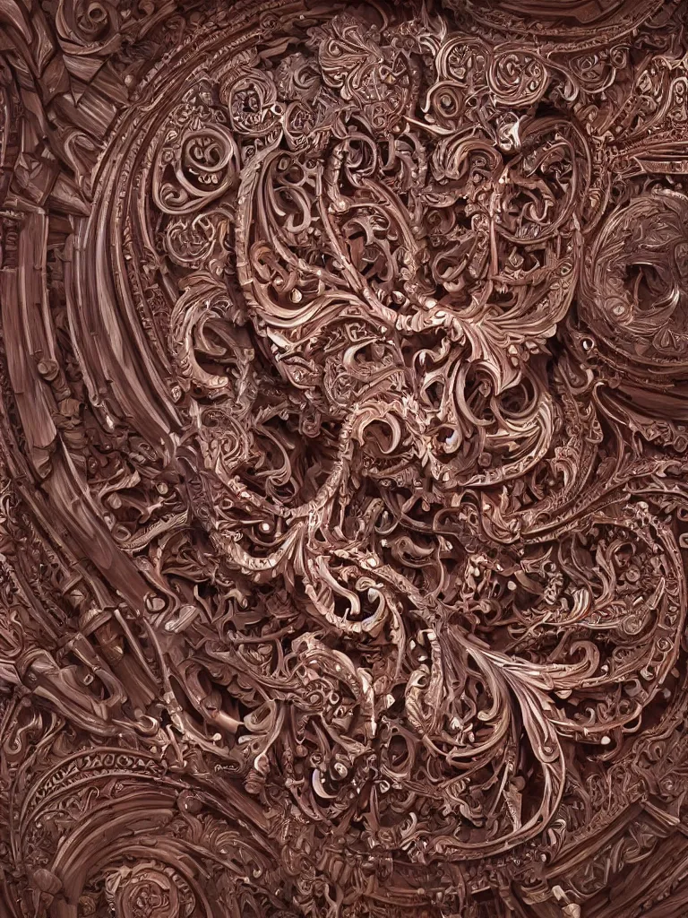 Image similar to wood carving in mahogany of an intricate design pattern of revolvers and rifles, biomechanical fluid, dramatic lighting, hyperrealistic, ultrarealistic, intricate details, 4k, unreal 5, digital art