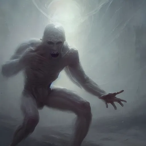 Prompt: a beautiful terrifying pale humanoid giant reaches out to grab a human. ethereal fantasy art by greg rutkowski