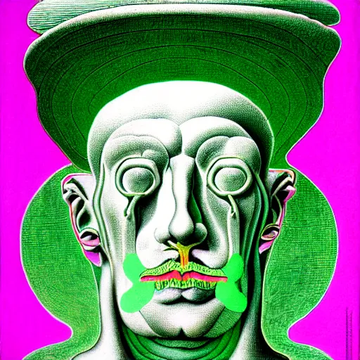 Prompt: green and pink graphic conceptual post - mortem monumental portrait made by escher and william blake and salvador dali, highly conceptual art, intricate detailed painting, illustration sharp detail, manga 1 9 9 0, experimentation cabinet