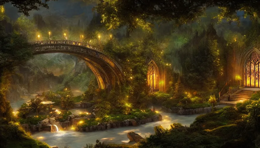 Prompt: Rivendell, the famous elven city, build by Elrond, realistic artwork, artstation, atmospheric lighting