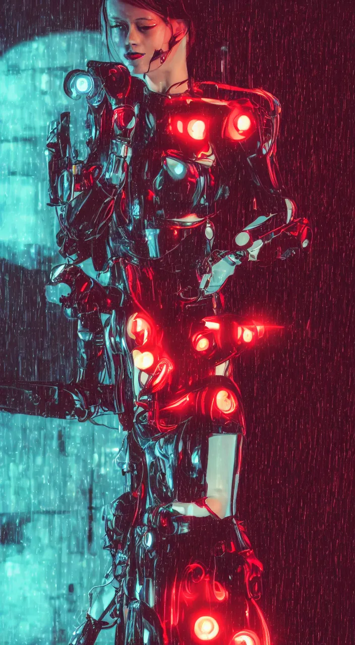 Image similar to woman, android, female robot, cyberpunk, artificial limbs, circuit, wires, mechanisms, tattoos, sitting on a motorcycle, neon lights, hard light, lense flares, glamour, vogue photoshoot, fashion, long dress, red dress, raindrops, rain, wet, make - up, leaky make - up, red lipstick