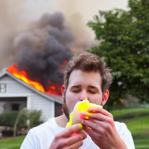 Image similar to Professional photo of a guy eating delicious sherbet while a house is on fire in the background, warm lighting, outdoors, realistic photo, 100mm lens