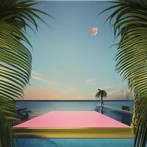 Image similar to miami vice, indoor liminal space, golden light, greg rutkowski, palm trees, pink door, minimalistic, hyperrealistic surrealism, award winning masterpiece with incredible details, epic stunning, infinity pool mirrors, a surreal vaporwave liminal space with mirrors, highly detailed, trending on artstation, artgerm and greg rutkowski and alphonse mucha, daily deviation