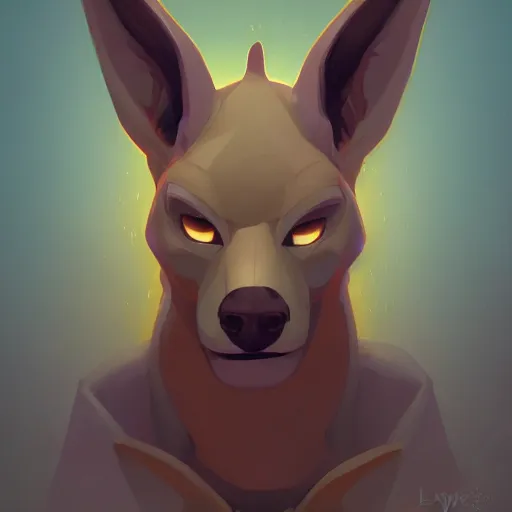 Image similar to portrait of anubis, an antropomorphic creature with coyote face, dark hair, mattepainting concept blizzard pixar maya engine on cold night stylized background splash comics global illumination lighting artstation lois van baarle, ilya kuvshinov, rossdraws