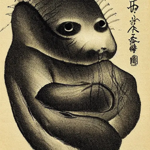 Image similar to a baby harp seal demon, radiating dark aura, Japanese ink drawing from 1850