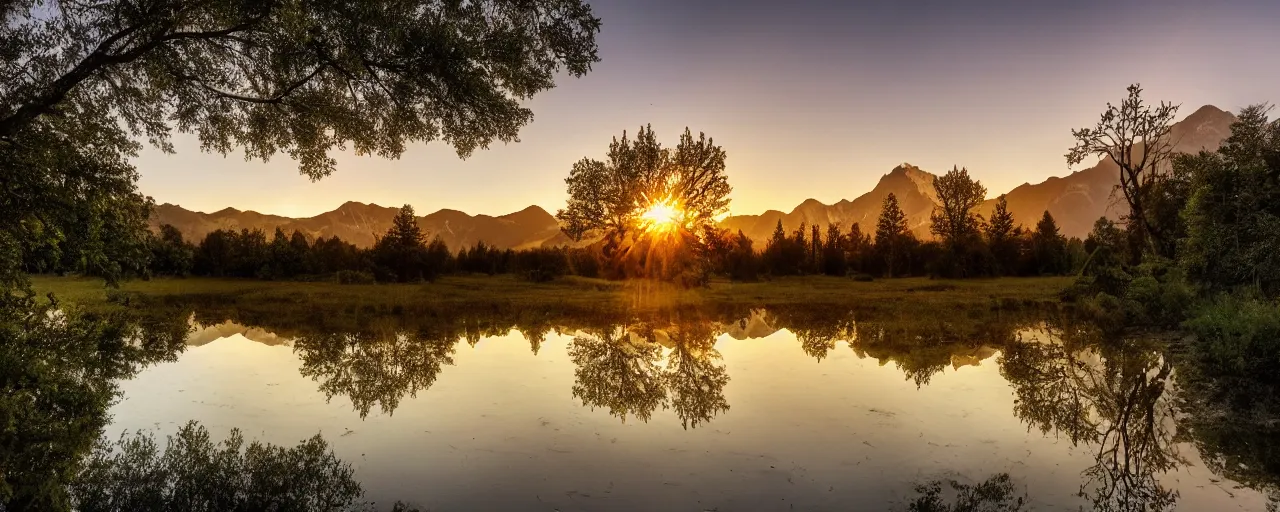 Image similar to big realistic tree near to a river on sunset with reflection on the leaves and mountains in the background, landscape, extremely high fidelity, 8 k, super resolution