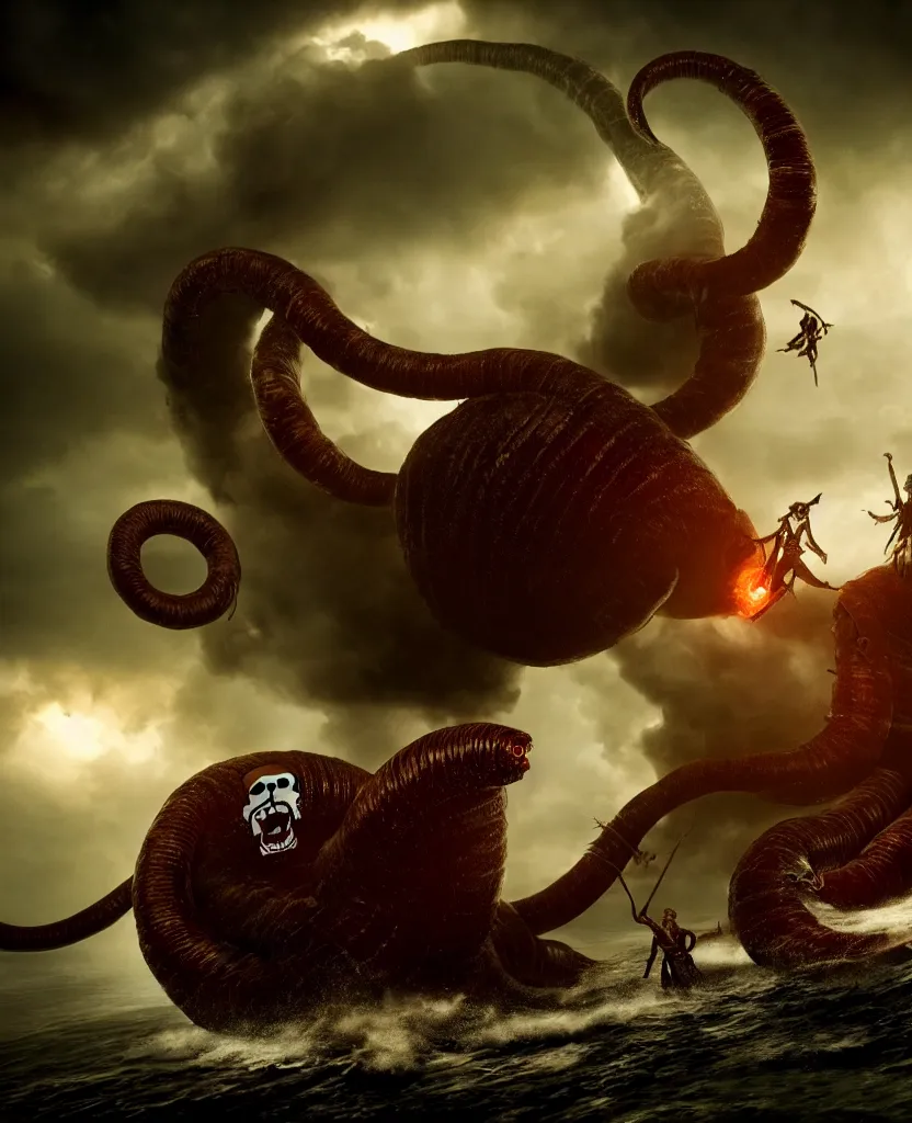 Image similar to pirates fighting giant screaming worm, cinematic atmosphere, maximized, high detail, 8k, ornate, dark fantasy, masterpiece, complex, film still from the movie directed by Denis Villeneuve