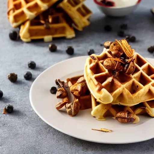 Prompt: waffles topped with roaches, cookbook photo