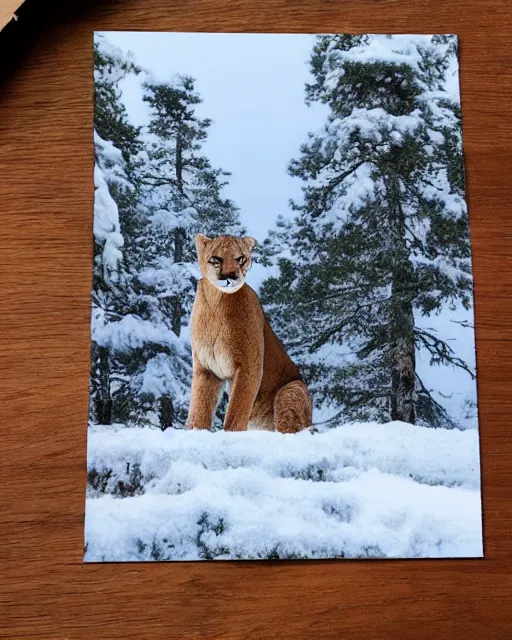 Image similar to ripped up postcard showing 'a cougar sleeping in the middle of snowy pine tree' laying on coffee table, zoomed out shot, HD, iphone capture, rips, tears