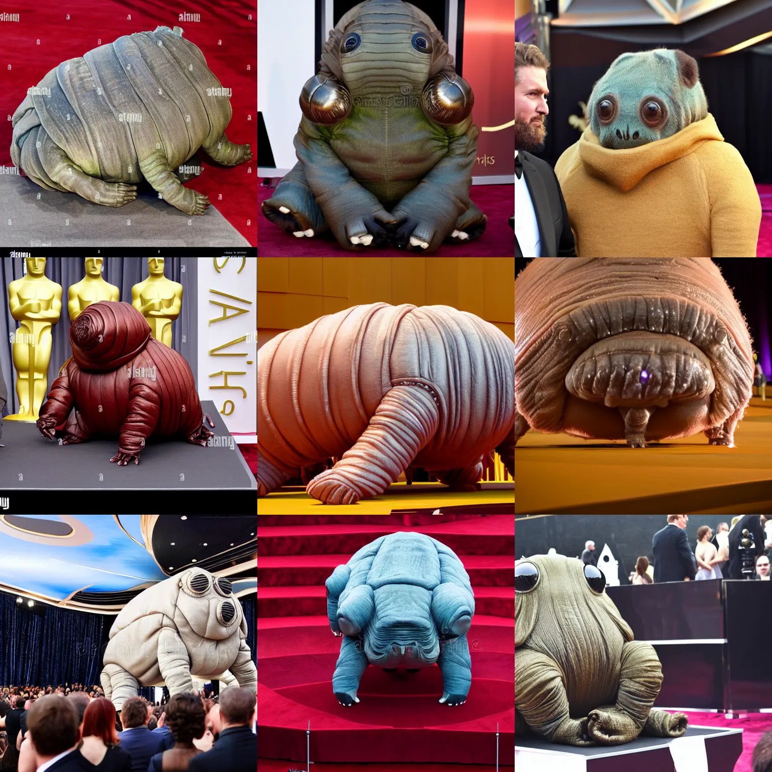 Prompt: giant very realistic tardigrade at the oscars ceremony, stock photo, kodachrome, very low angle